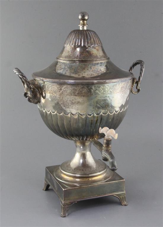 A George III silver two handled tea urn and cover by Andrew Fogelberg & Stephen Gilbert, gross 106.5 oz.
